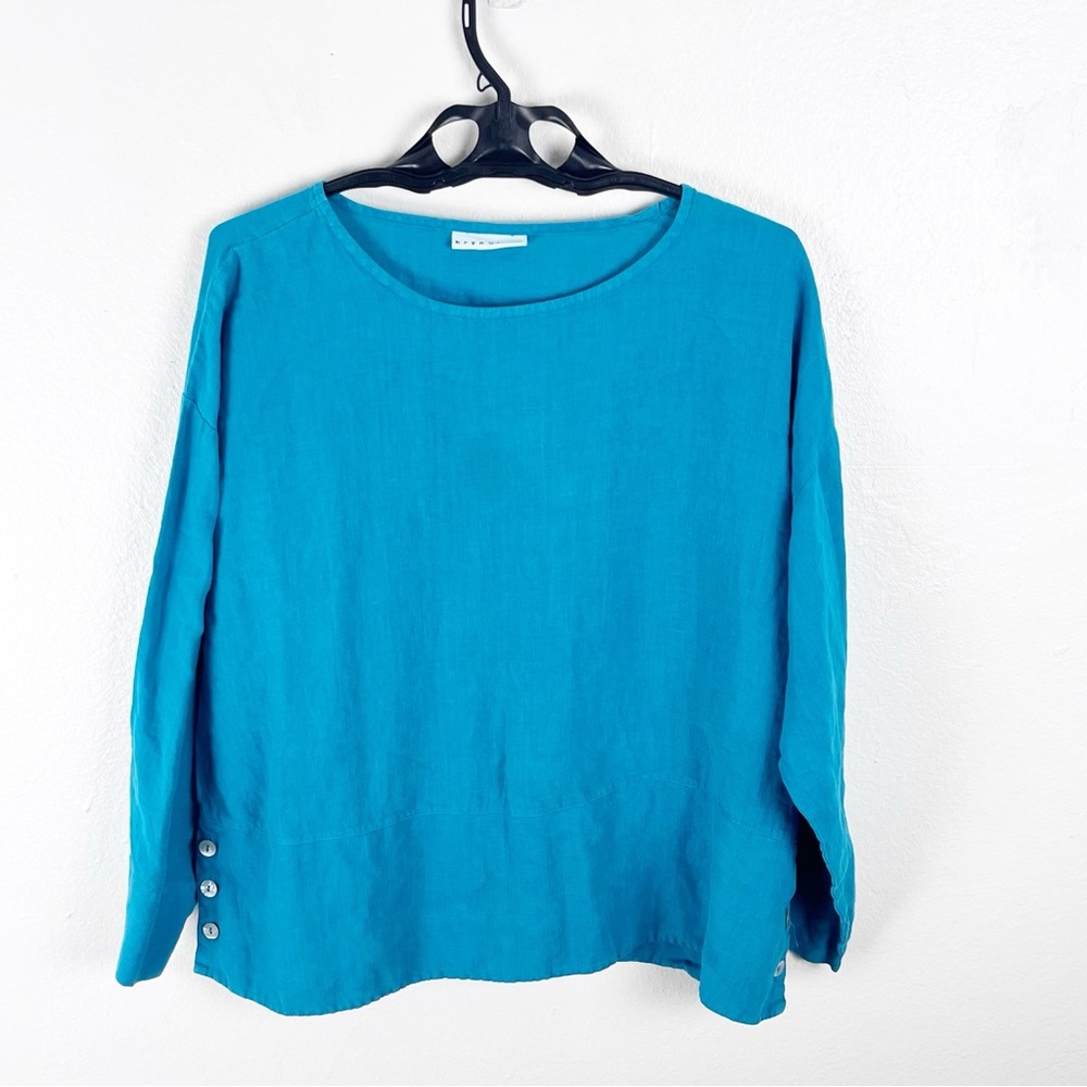 BRYN WALKER 100% Linen Teal Long Sleeves Accent Hem Buttons Tunic Top Size Large